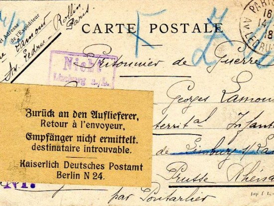 Envelop van de brief van Angèle Plouvier gericht aan haar man Georges Lamour  met  daarop een etiket 'retour à l'envoyeur, destinataire introuvable'